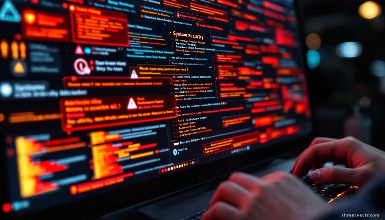 Close-up of a computer screen displaying system security software with warning alerts and red error indicators flooding the interface, while in the background a