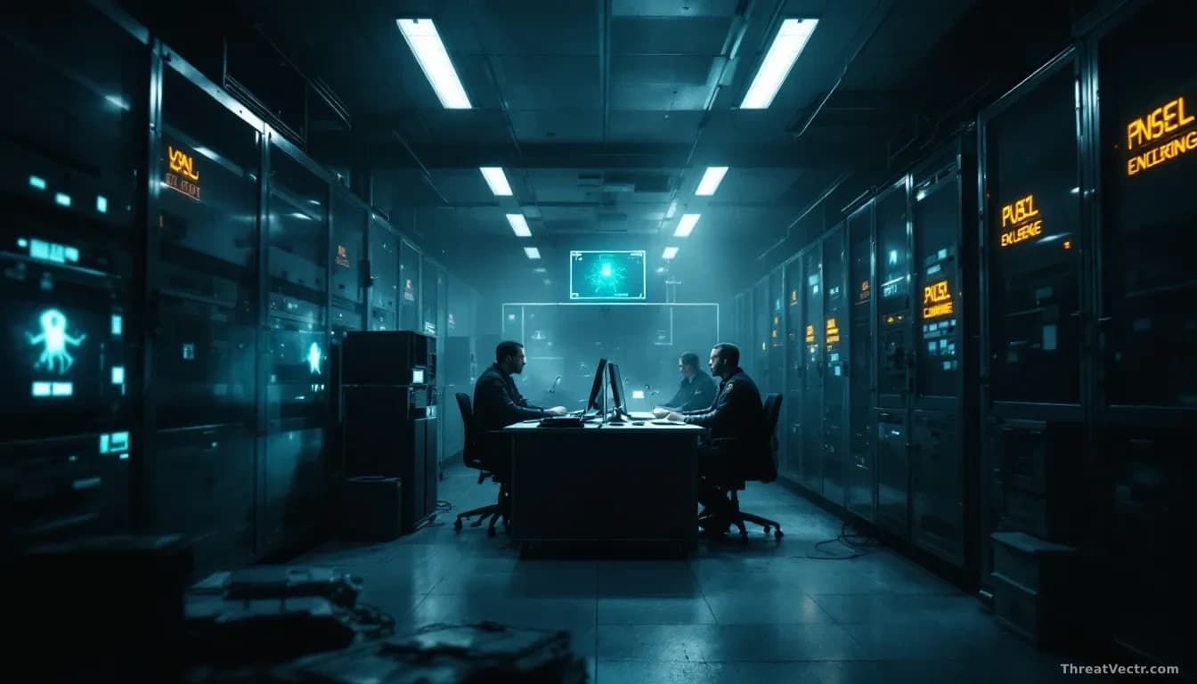 A police evidence storage area where body camera footage files are being transferred through aging computer systems, with hidden malware spreading through the d