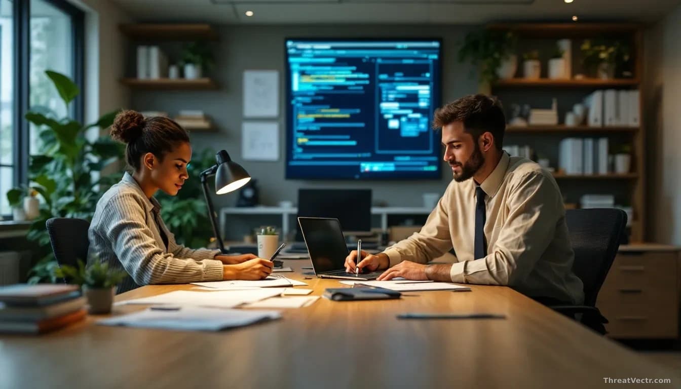 A local government housing authority office showing staff rebuilding cybersecurity defenses after a million-dollar wire transfer fraud, with security improvemen