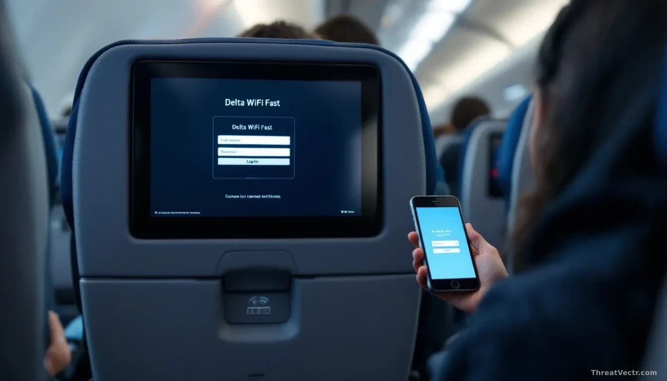 An airplane cabin with a passenger connecting to a deceptive Wi-Fi network called 'Delta WiFi Fast,' a fake login page displayed on their device