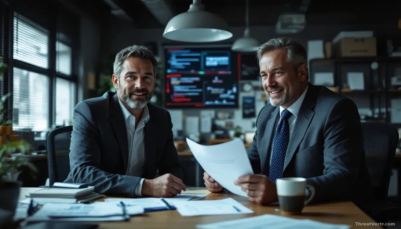 Defense contractor offices with confident executives presenting security documentation that doesn't fully demonstrate compliance with Pentagon security standard