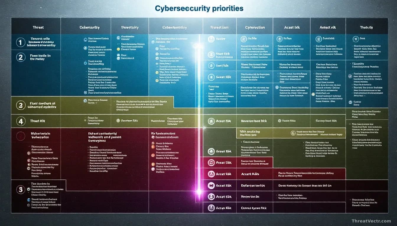 A strategic battle map showing cybersecurity priorities ranked by threat level, with CISO decision-makers marking which vulnerabilities to defend versus which t