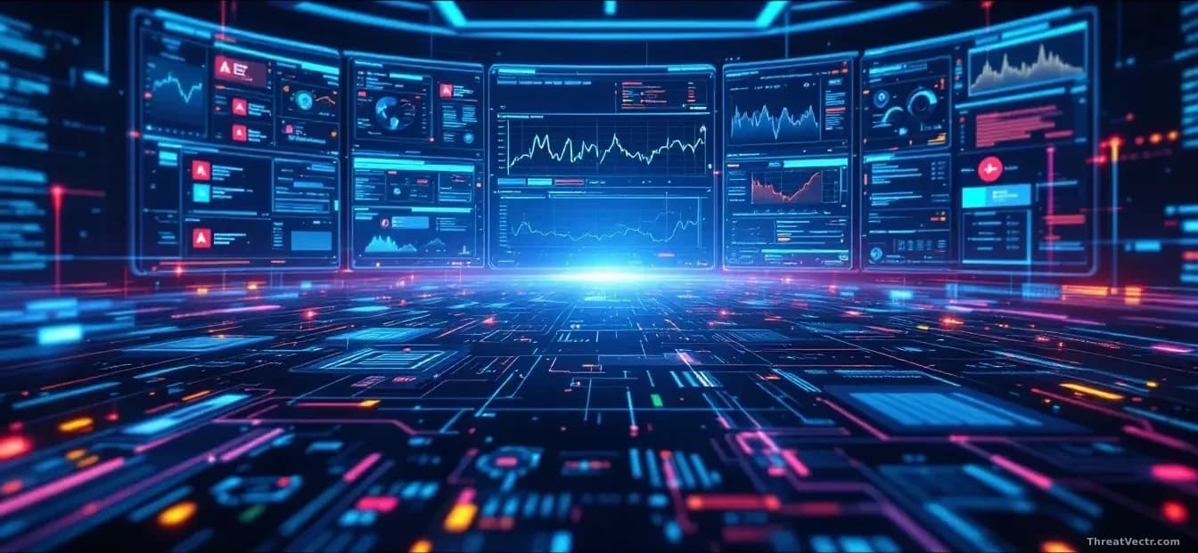 A security operations center dashboard flooded with alert notifications, with an AI assistant interface materializing to sort and analyze the overwhelming data