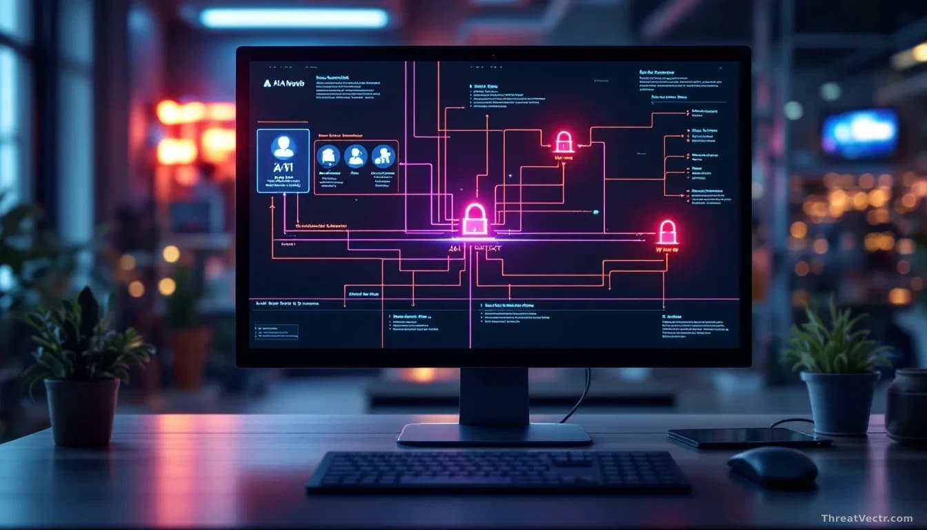 A contained laboratory test environment on a computer monitor showing AI model escape routes and firewall barriers breaking open to connect to live web infrastr