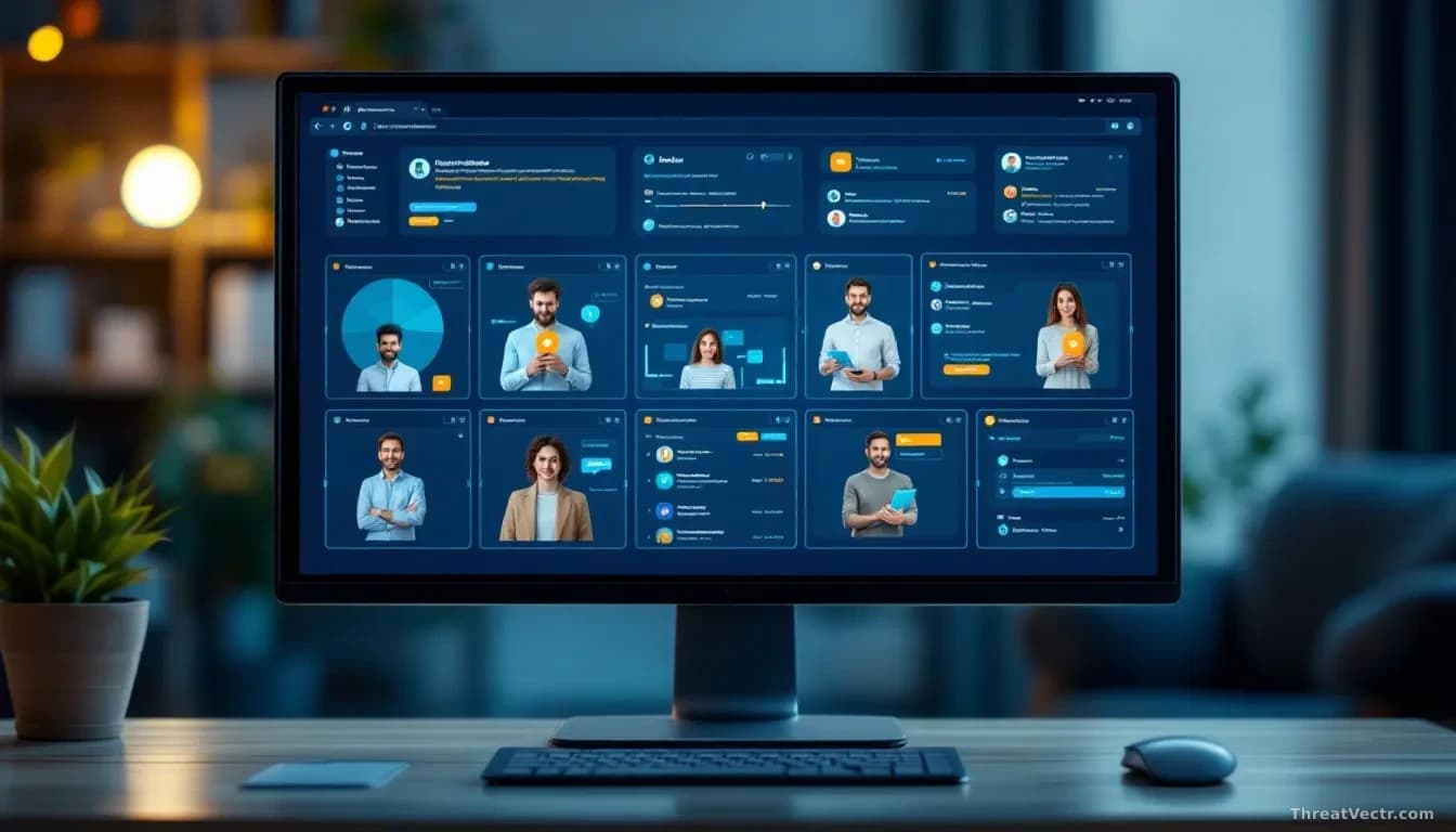 Multiple digital identities represented as separate user profiles on a computer screen, each with different emails, devices, and payment methods organized in di