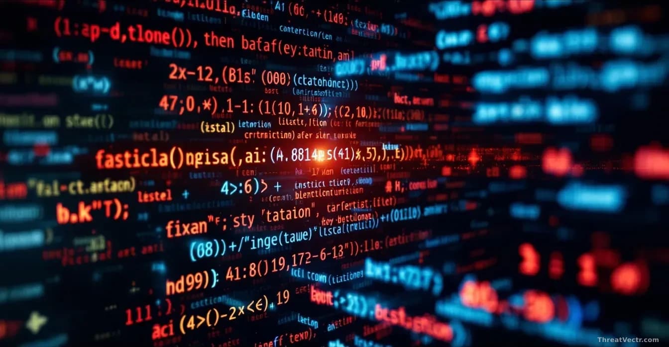 A computer screen displaying encrypted code and mathematical symbols morphing into AI chatbot interface elements, representing hidden malicious instructions byp