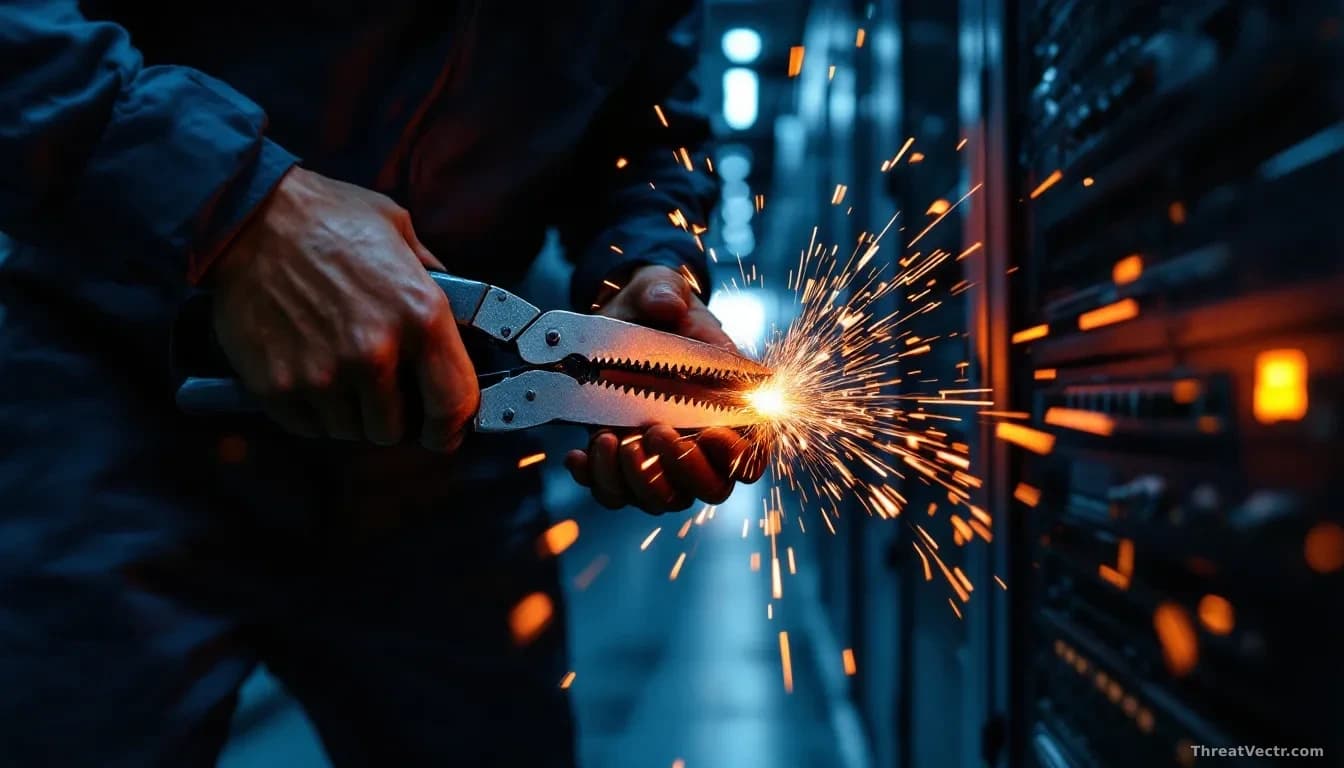 A technician in a data center cuts through a thick network cable with industrial shears, sparks flying, server racks illuminated in the background during an eme
