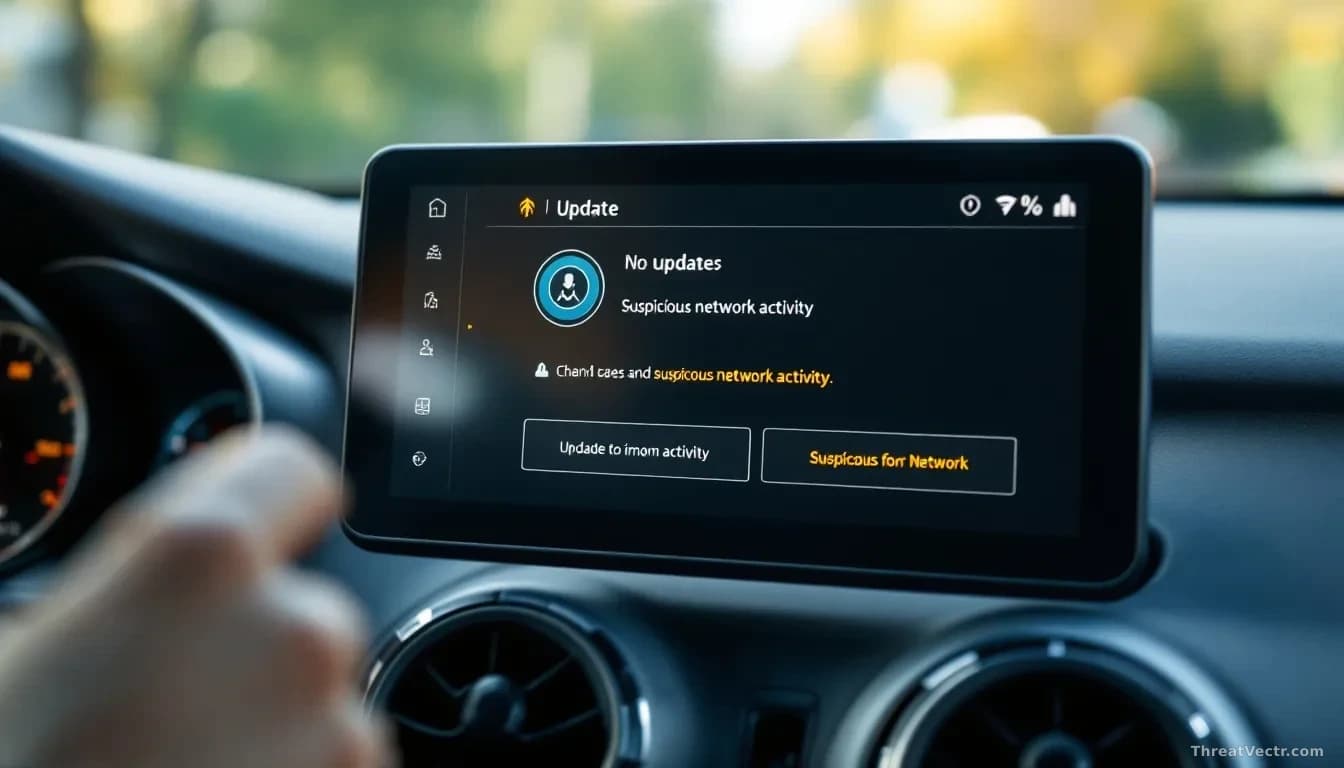 A car dashboard infotainment system screen showing an update notification and suspicious network activity, with the vehicle's interior visible around it