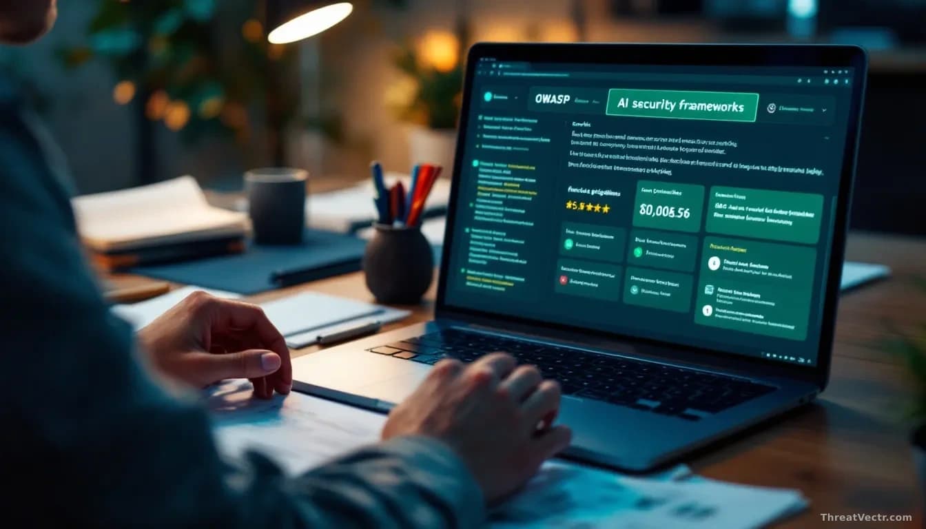A security professional reviewing documentation and checklists on a desk, with a laptop displaying OWASP guidelines and AI security frameworks on the screen