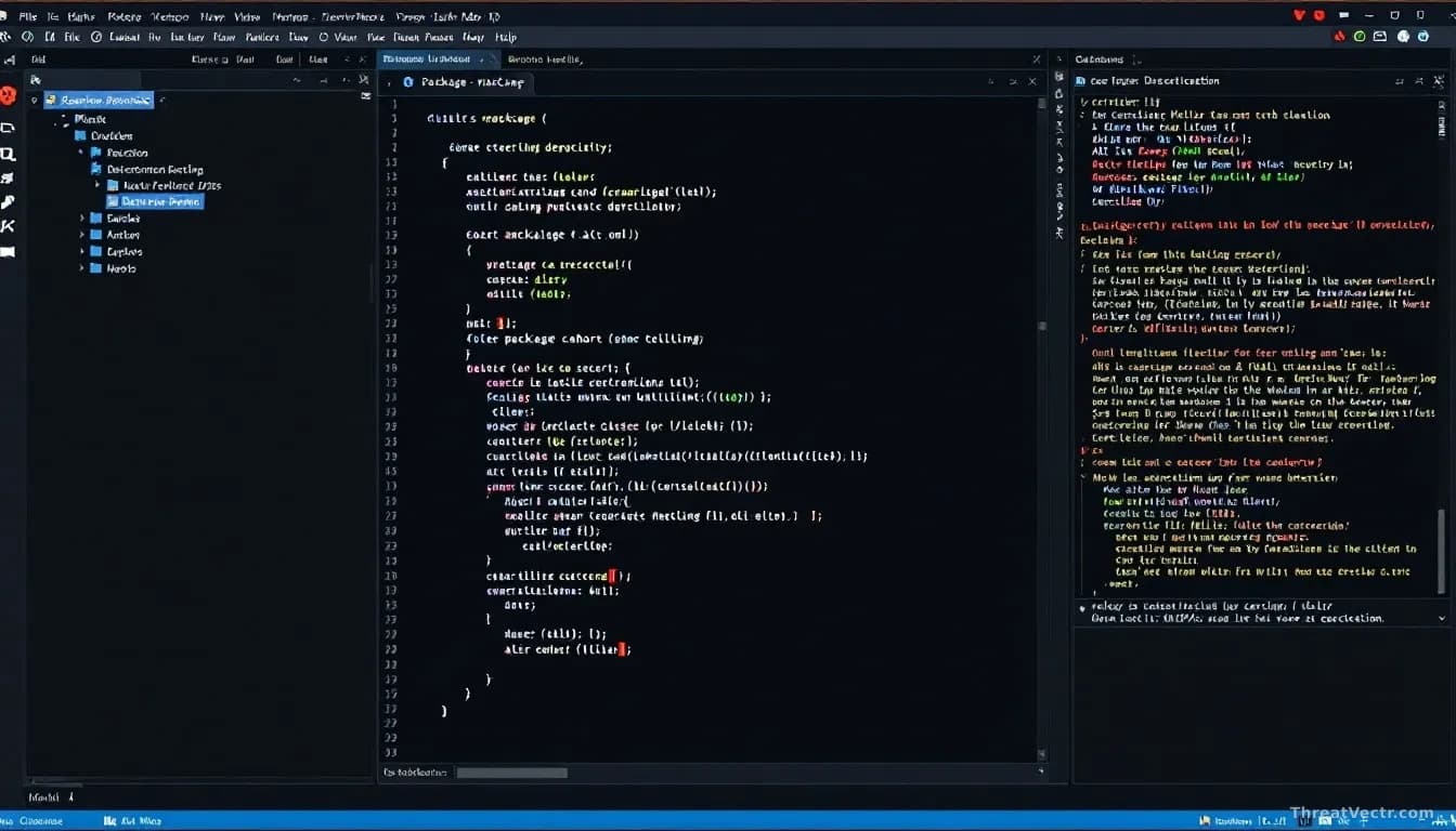 A developer's workstation with a code editor showing package dependencies and terminal windows with security warnings, with red alert indicators on the screen