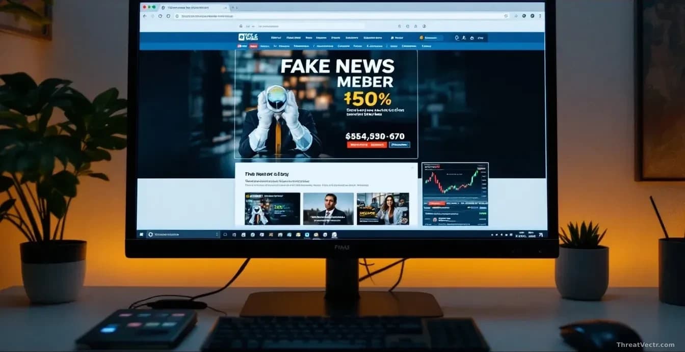 A computer showing a fake news website that mimics legitimate media branding, with investment charts and trading interfaces in other browser tabs open simultane