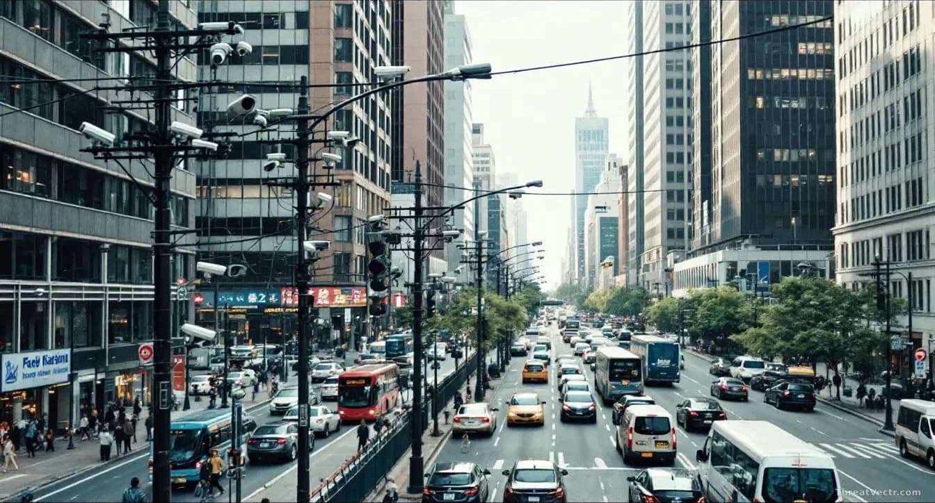 A city street intersection with multiple surveillance cameras mounted on poles and buildings, with traffic and pedestrians moving below, showing the pervasive n