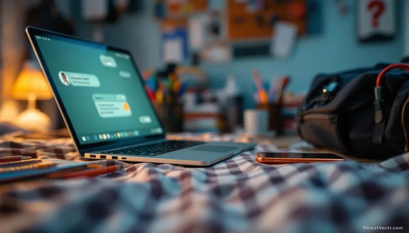 A teenager's bedroom with a phone on the desk next to a laptop, with notification badges visible on the screen, a backpack and school supplies in the frame