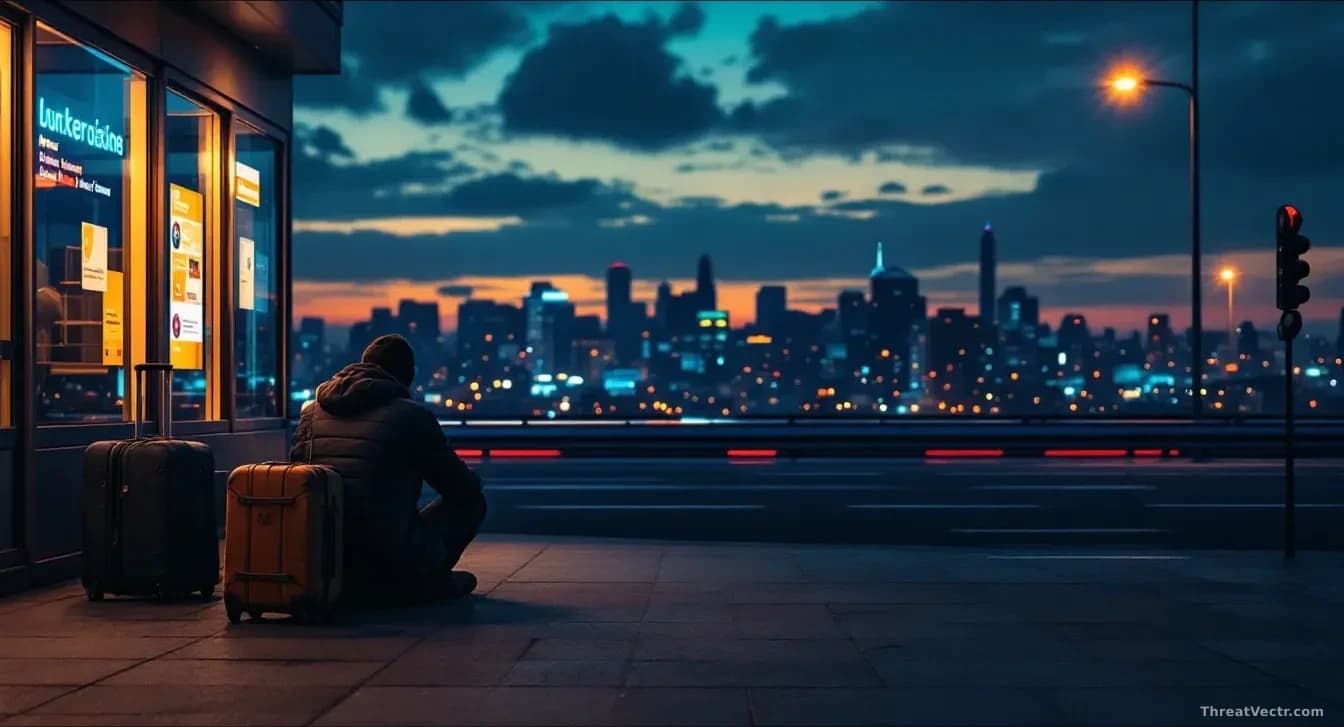 A person sitting alone on the ground outside a bus station or transport hub at dusk, with luggage nearby and a distant cityscape, conveying displacement and unc
