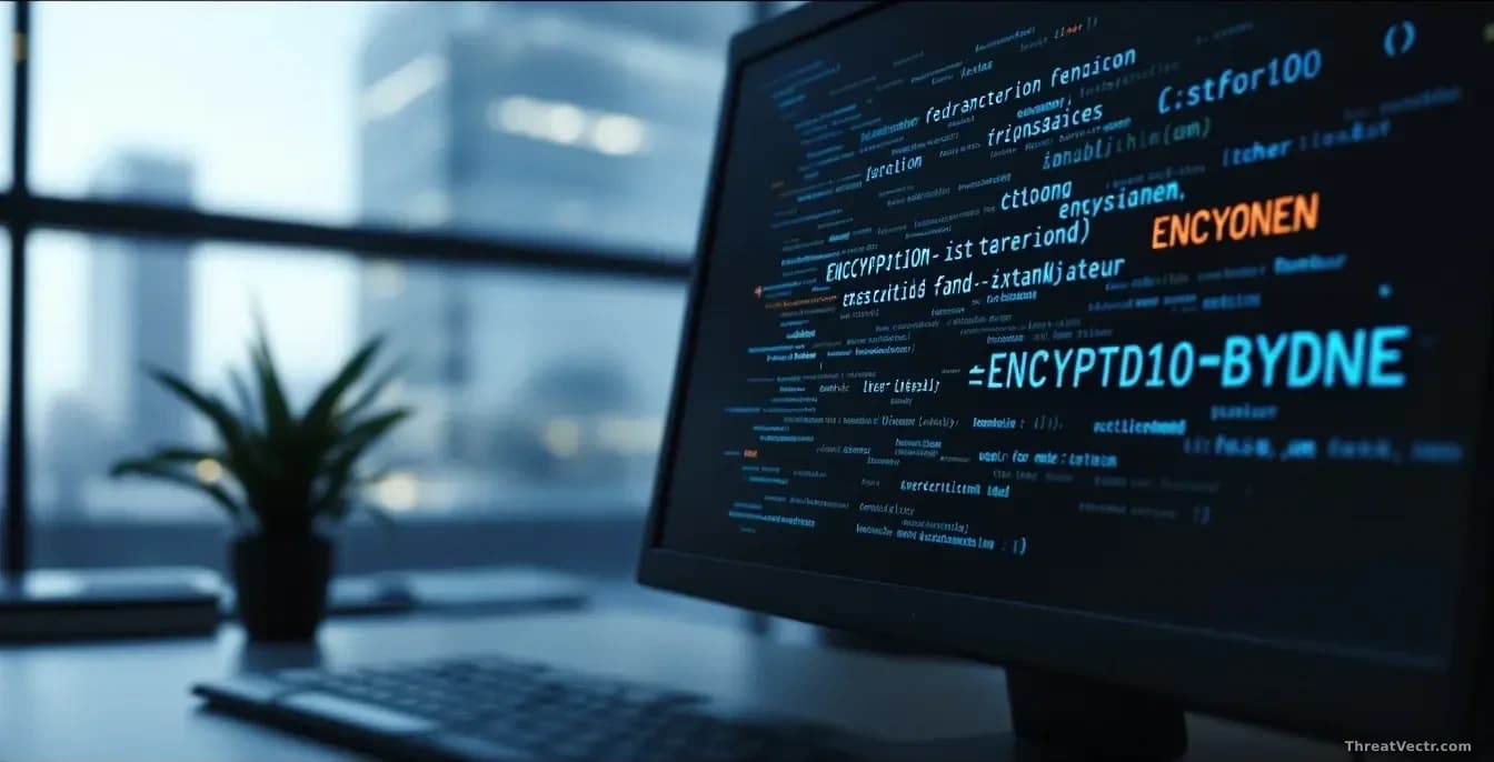 Illustration: A dark computer screen displaying a blinking cursor and encryption-