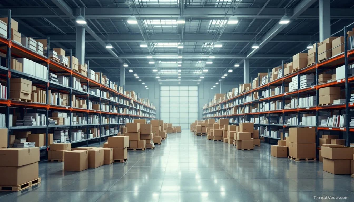 An empty bookshop warehouse with vacant shelves and logistics equipment at a standstill, boxes piled haphazardly on the floor, conveying disruption during peak