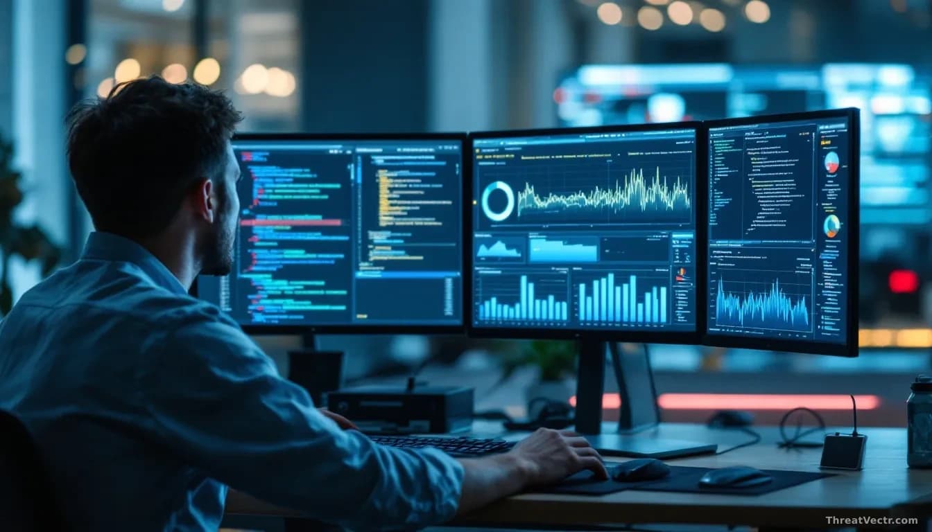 A security researcher at a computer workstation examines threat data on multiple monitors displaying code and threat intelligence dashboards, with a badge or cr