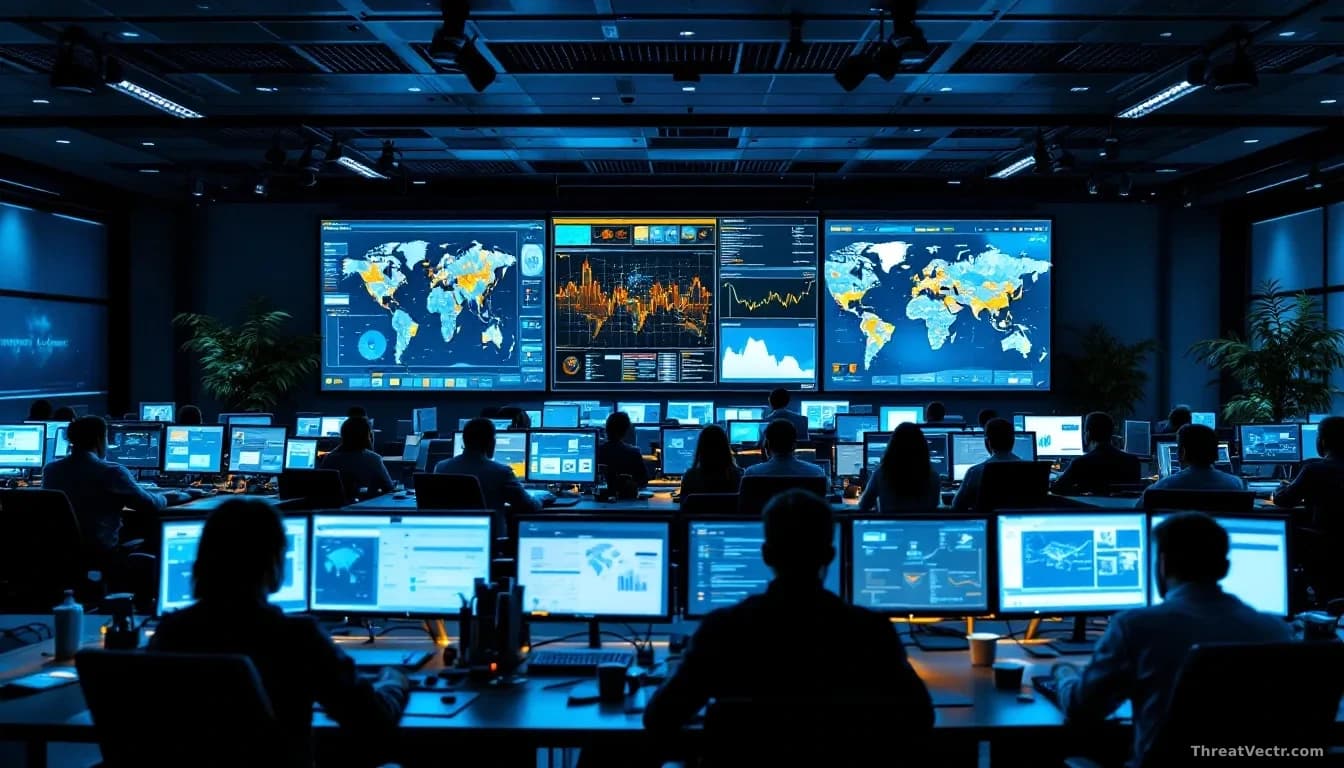 A security operations center with multiple analysts working at stations surrounded by large displays showing AI-powered threat detection dashboards and threat m