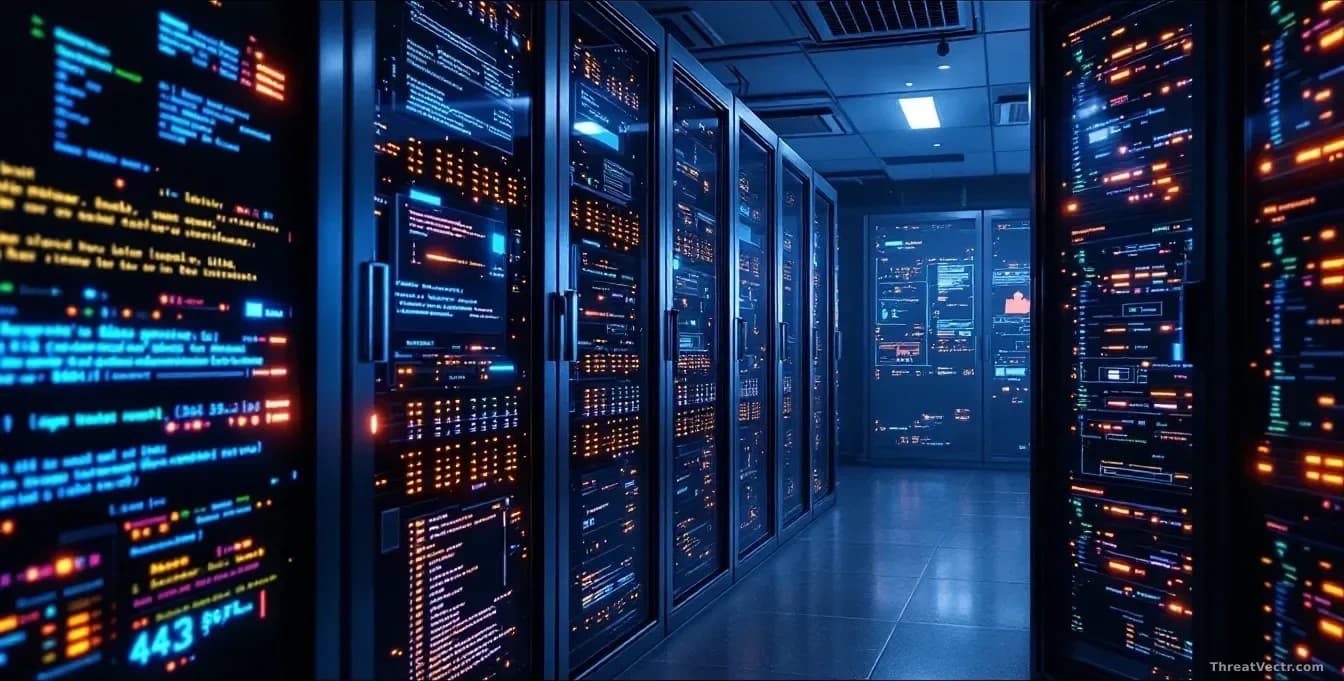 A server room with multiple rack units and blinking status lights, with command-line interface and Linux terminal windows displayed on monitoring screens