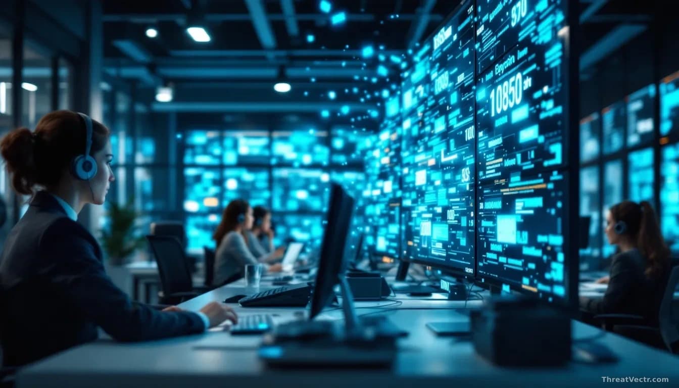 A corporate office phone bank or IT support desk with employees at workstations, with floating data fragments like names and numbers emerging from the screens
