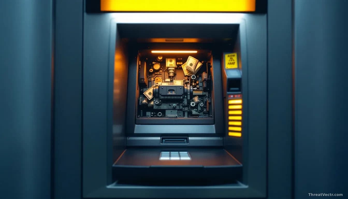An ATM machine photographed from the front with interior cash mechanisms visible through the open service panel, in a law enforcement evidence context