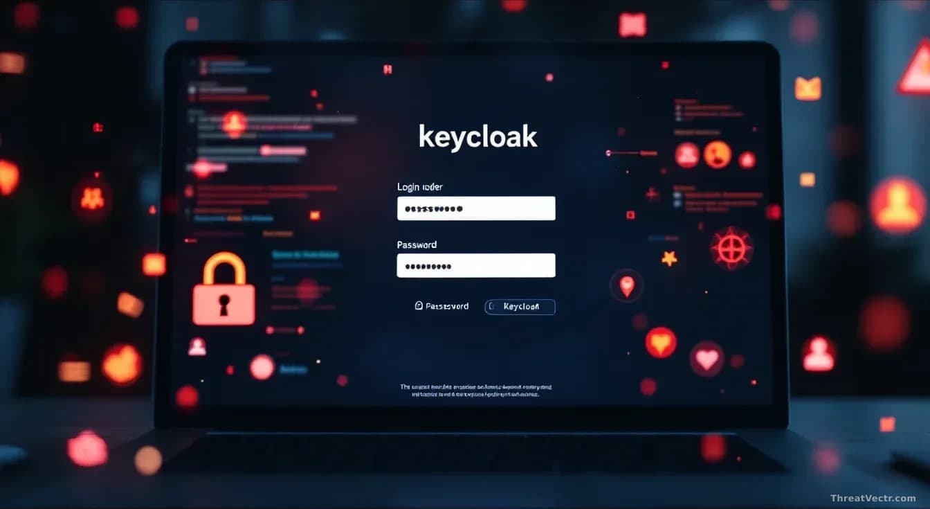 A Keycloak login interface on a screen with a password reset form, surrounded by visual indicators of vulnerability or security breach