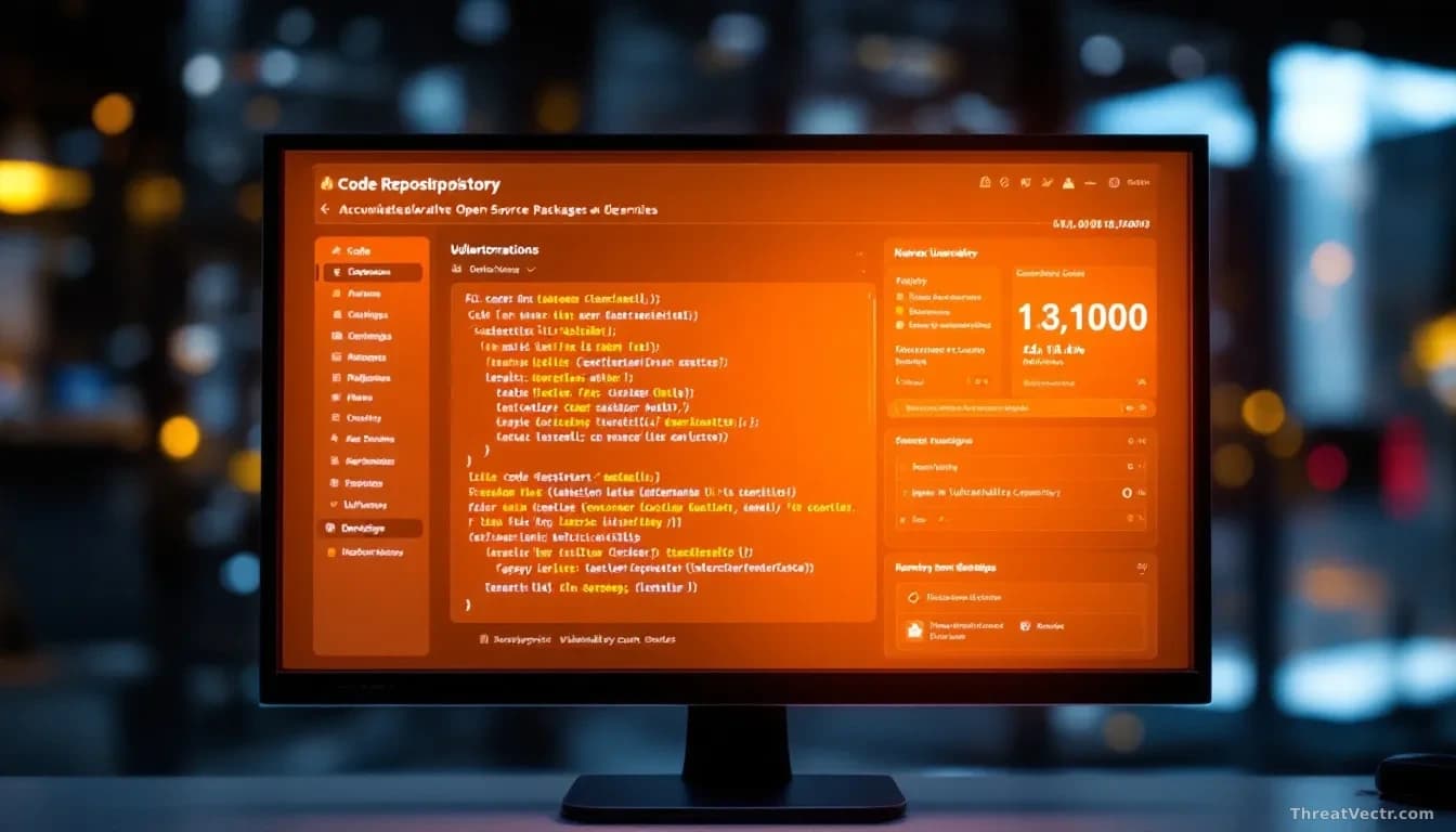 A code repository dashboard on a monitor showing rapidly accumulating open-source packages and dependencies, with a growing vulnerability count meter displayed