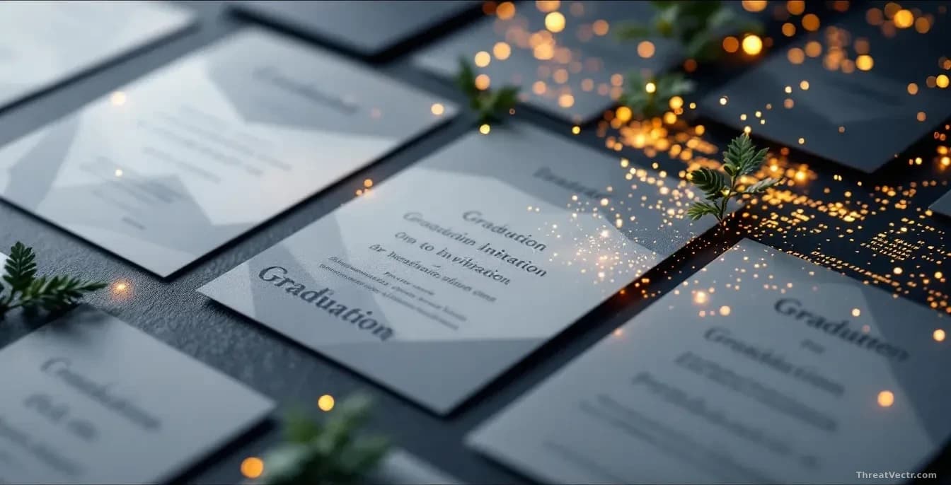 Formal graduation invitation cards arranged on a surface, with subtle digital artifacts or code elements emerging from the edges of the cards