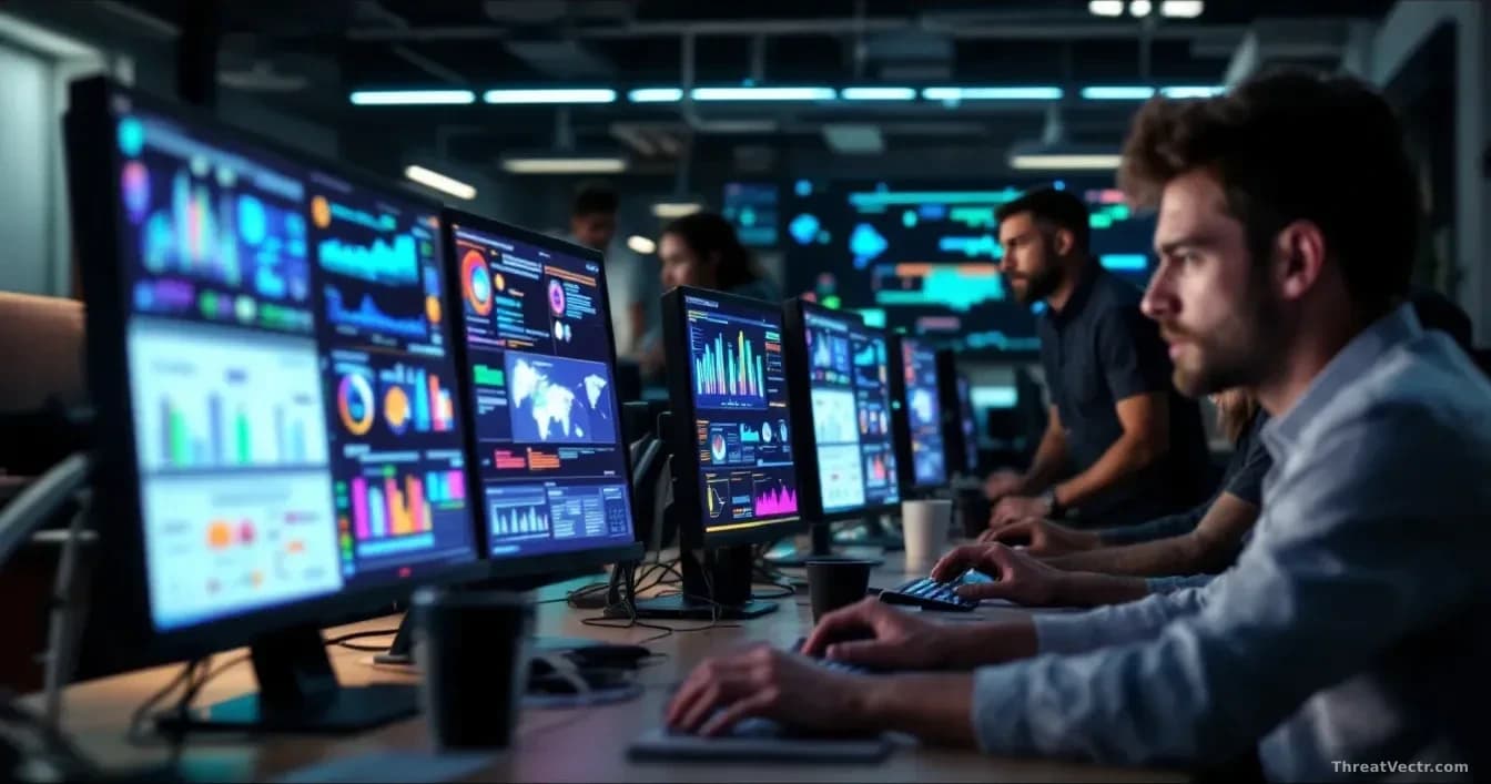 An office workspace where a few employees are intensely working at computer stations, with colorful AI tool interfaces visible on monitors contrasting with a wo