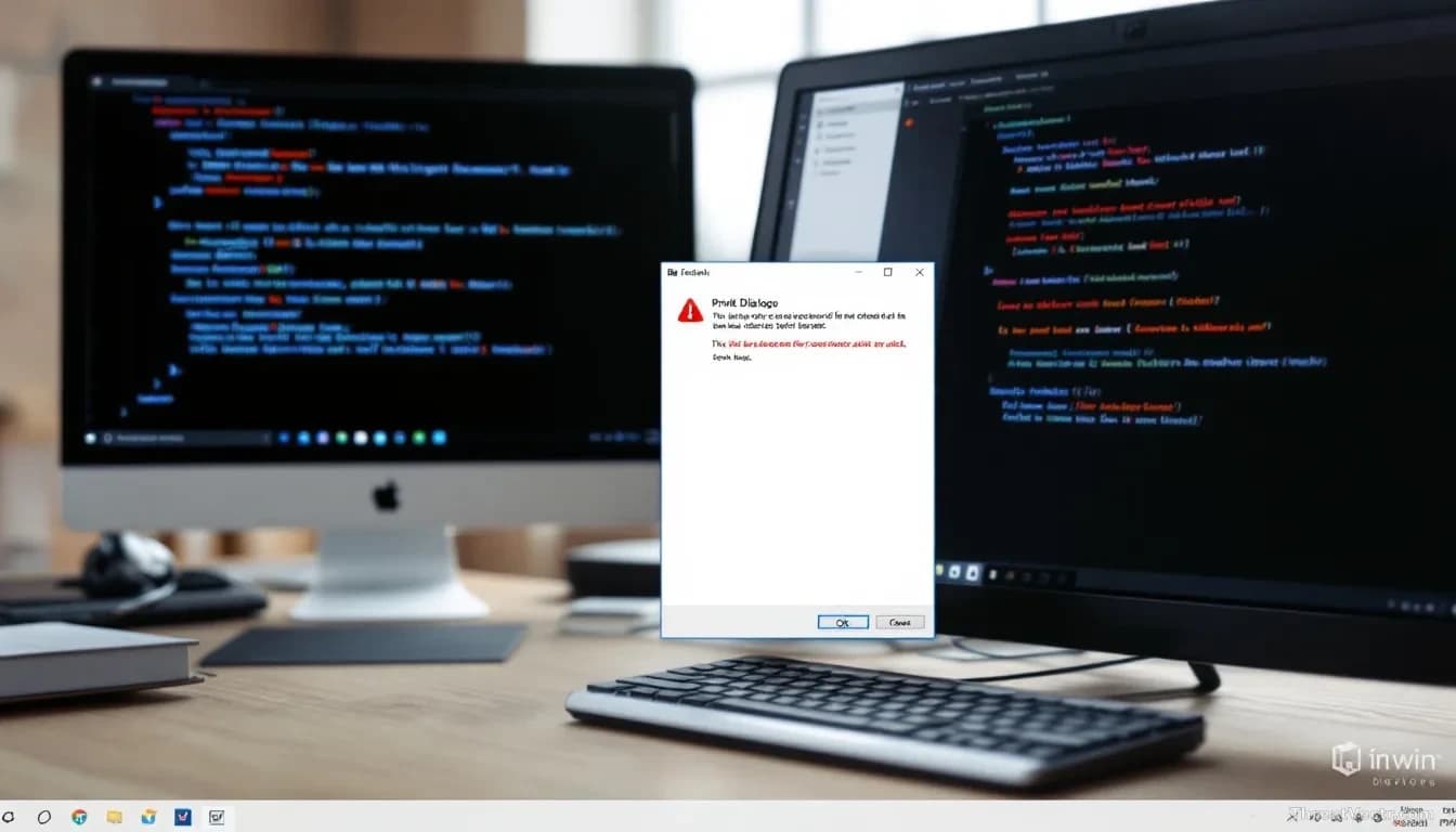 A Windows desktop showing a print dialog box frozen or displaying an error state, with application windows in the background showing failed operations