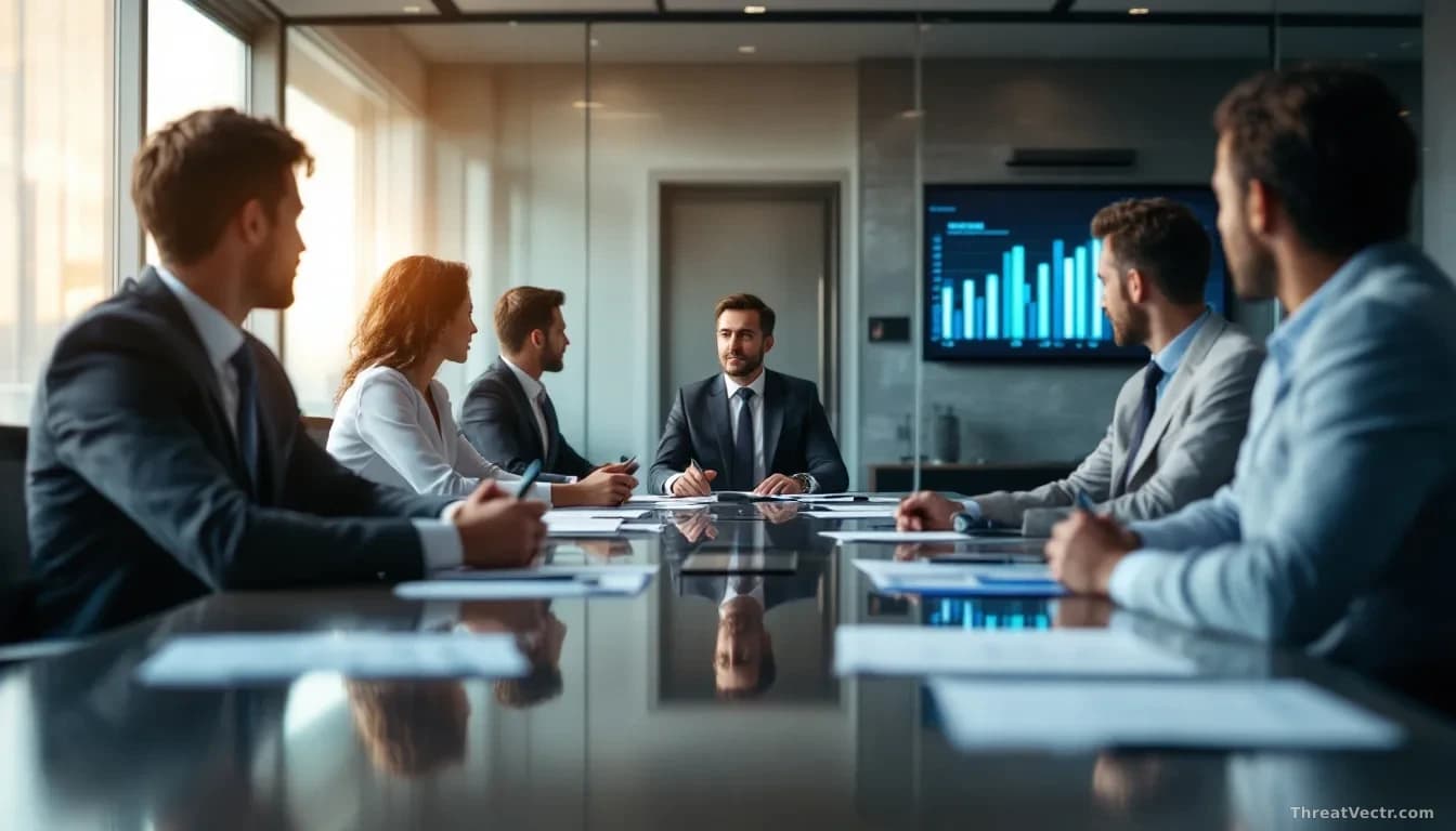 A boardroom table with executives reviewing security performance metrics, with a CISO's office door visible in the background corridor through glass walls