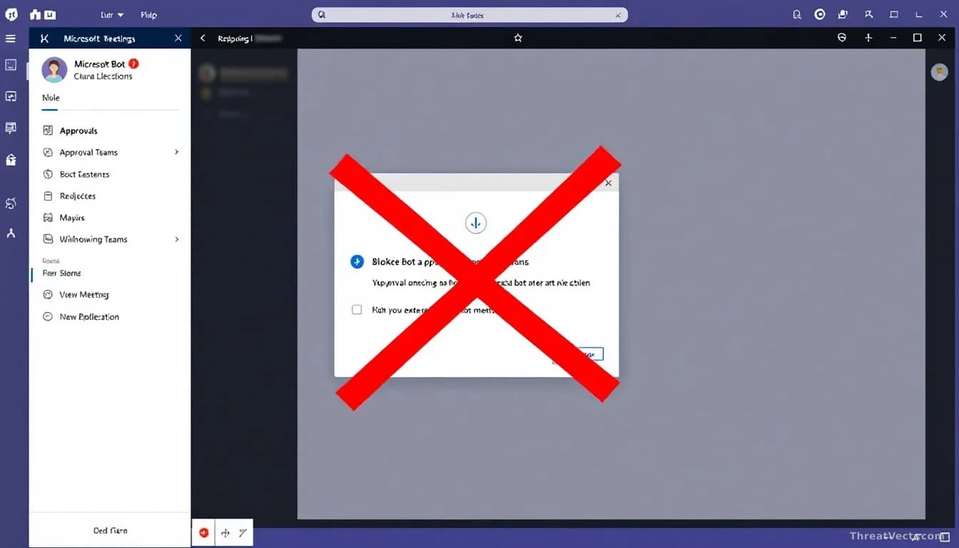 A Microsoft Teams meeting window with a blocking interface appearing across an external bot's entry attempt, showing the approval or rejection mechanism