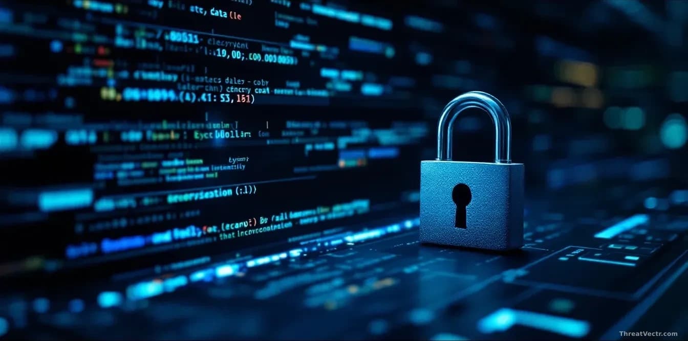 An encrypted data file displayed alongside its decryption key sitting openly next to it on a server interface, creating a visual paradox of failed protection