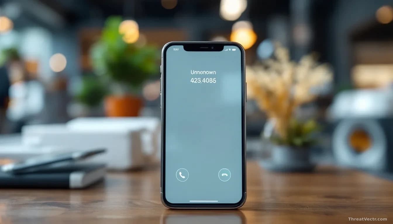 A smartphone screen showing an incoming call from an unknown number, with subtle security icons and dashboard glimpses visible in the background blur