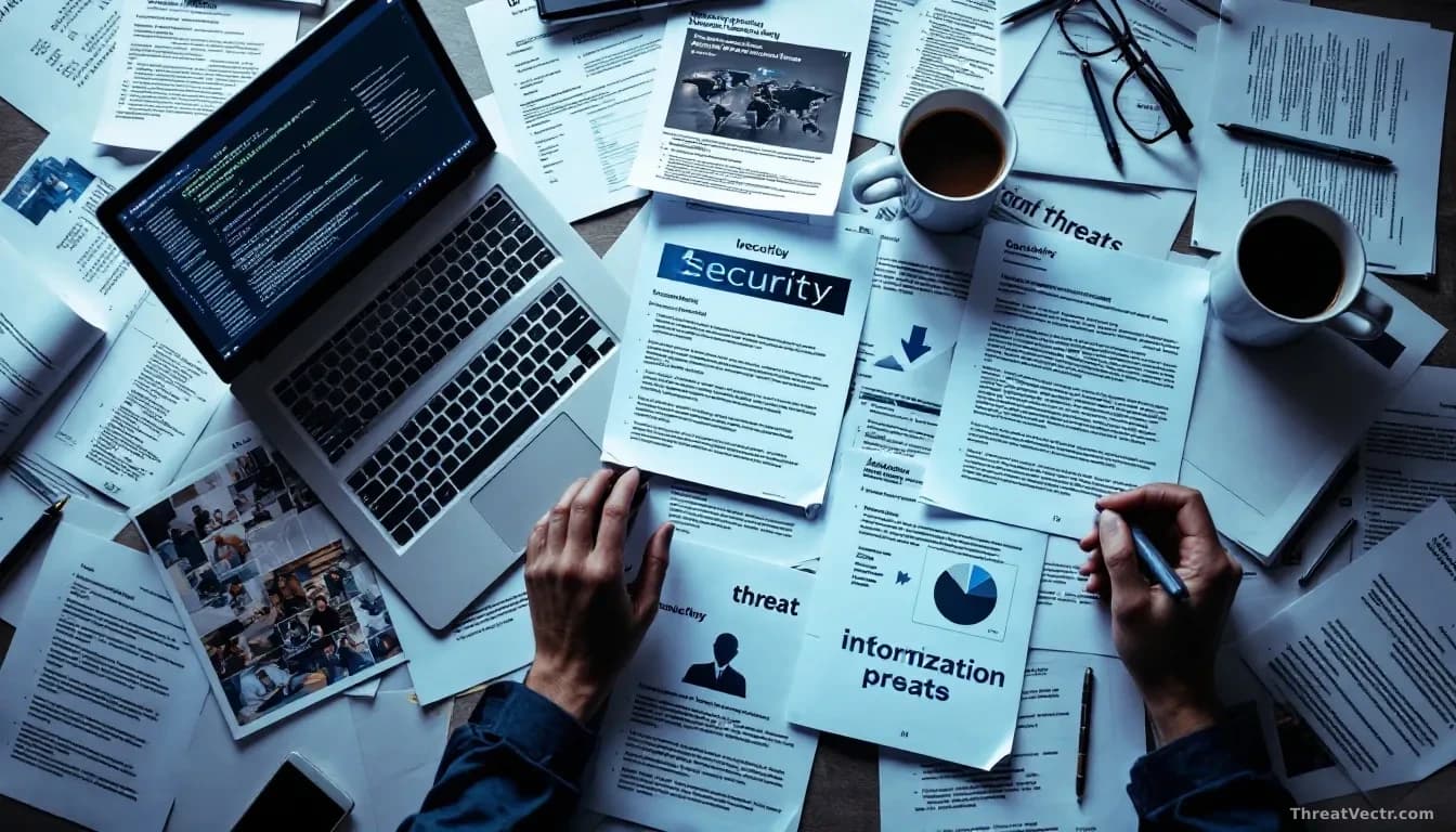 Overhead view of scattered security briefing documents, threat intelligence printouts, and a laptop displaying code or threat data, with coffee cups and notatio