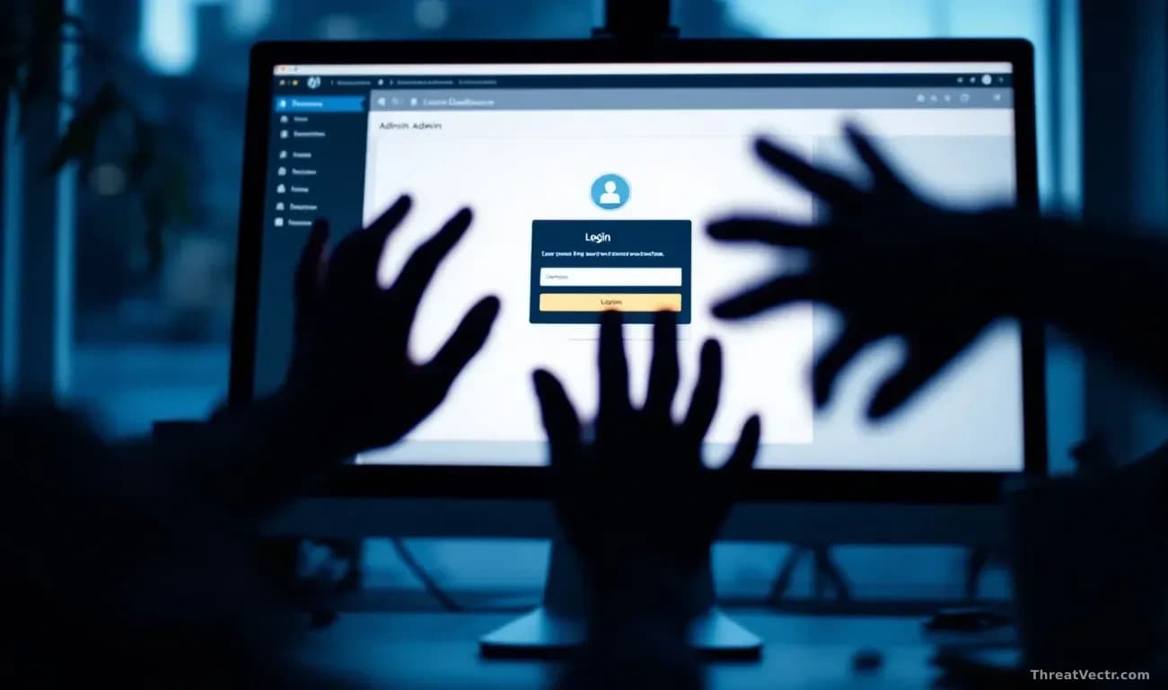 A computer screen showing a WordPress admin dashboard being accessed, with shadowy hands reaching through the monitor toward the login interface