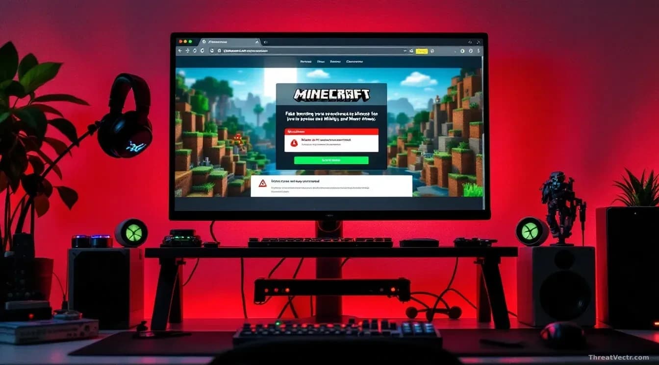 A gamer's desk setup with a computer monitor displaying a fake Minecraft download webpage with malware warnings and McAfee security alerts popping up, surrounde