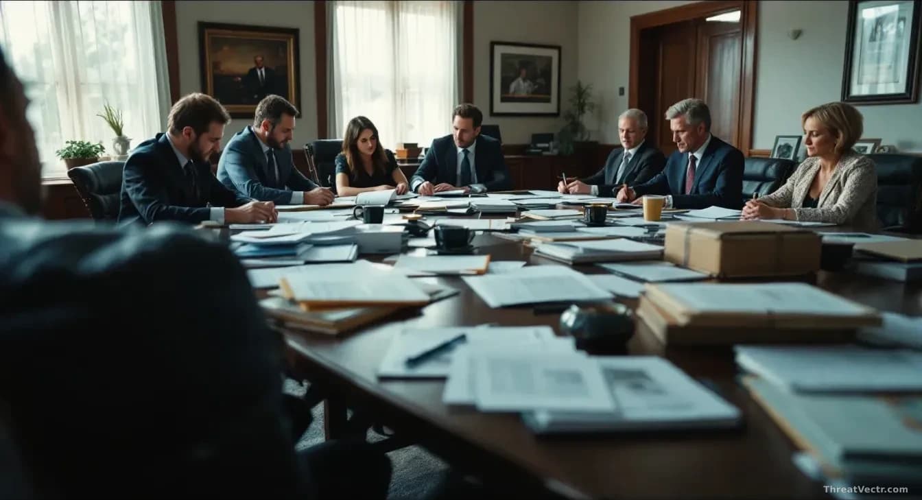 A California courthouse or law office with state attorneys general and legal team members reviewing case files containing social media research data, child safe