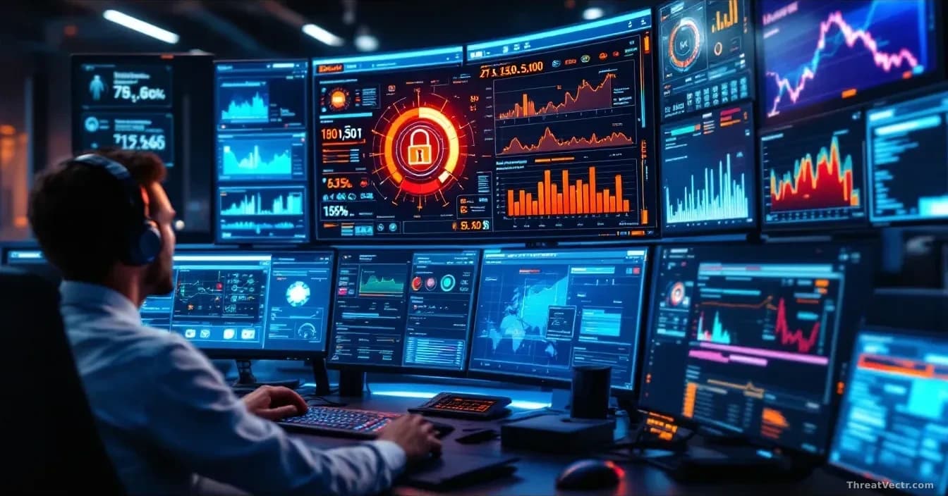 An Equifax security operations center with AI-powered threat detection dashboards covering multiple large monitors, showing machine learning models processing s