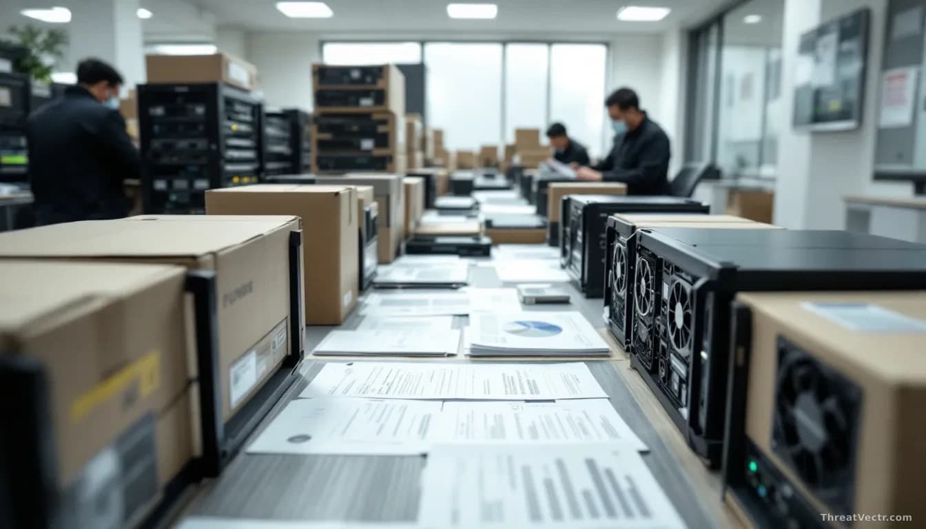 A Taiwan customs or law enforcement facility with seized AI server hardware and GPU units displayed on tables, with investigators reviewing shipping documents a