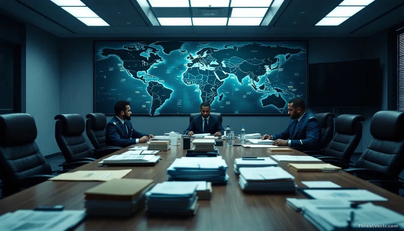An Interpol office conference room with a large map of Africa and Europe on the wall marked with 22 countries, with officers reviewing case files and financial
