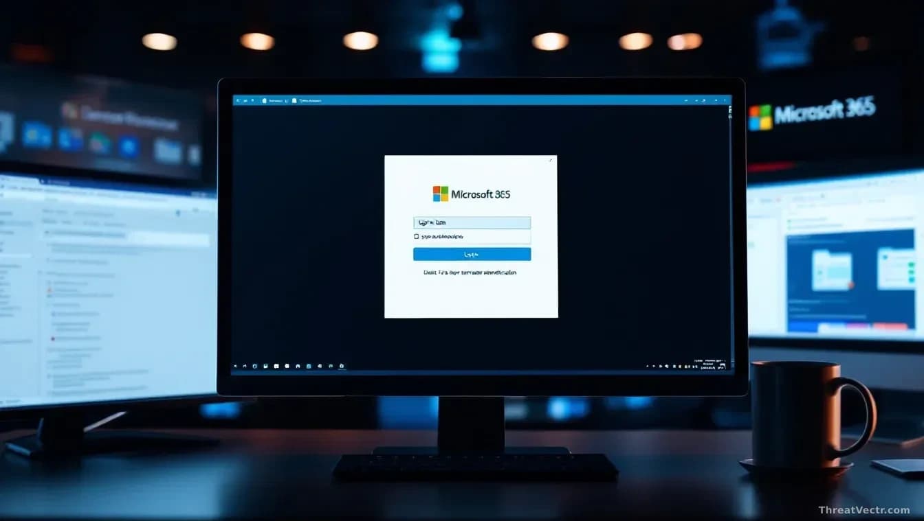 A Microsoft 365 login interface on a computer screen with a two-factor authentication prompt, surrounded by other office windows and applications, representing