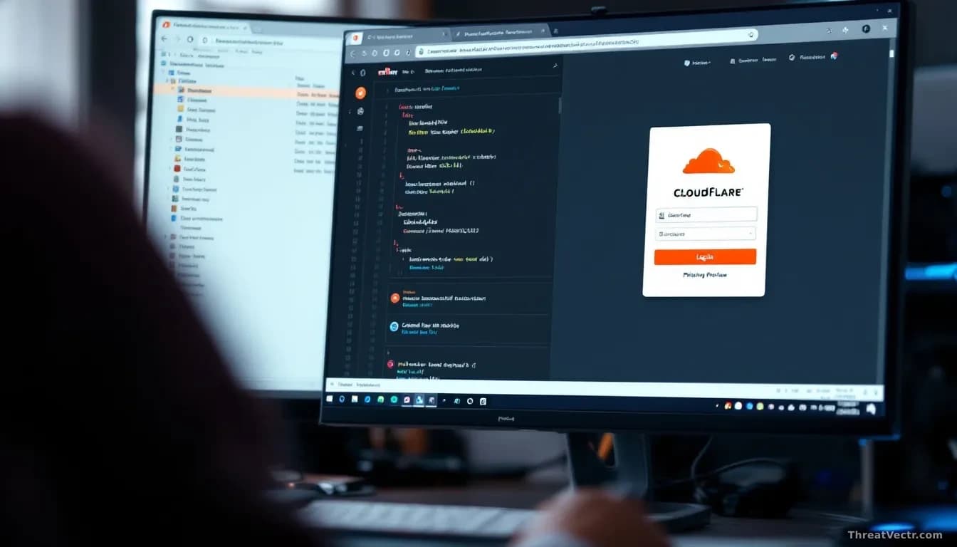 A developer's workspace with an npm package manager interface open on the monitor, showing package listings and download counts, with a phishing login page prev