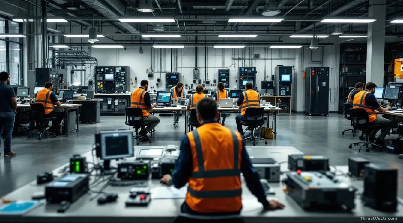 An industrial control systems training facility in Nashville with hands-on equipment including industrial switches, HMI panels, and PLCs arranged on tables, wit