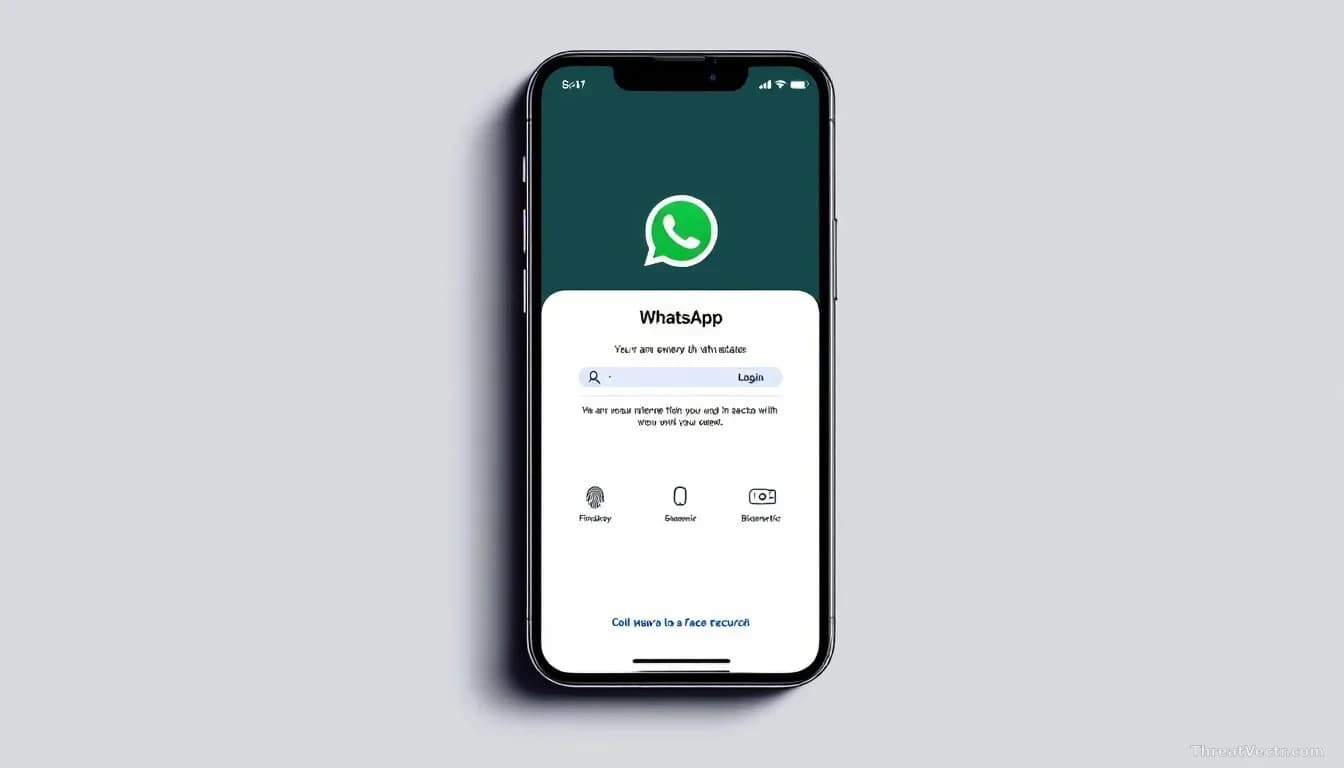 A smartphone screen displaying a WhatsApp login interface with a passkey authentication prompt and biometric options (fingerprint or face recognition icons), em