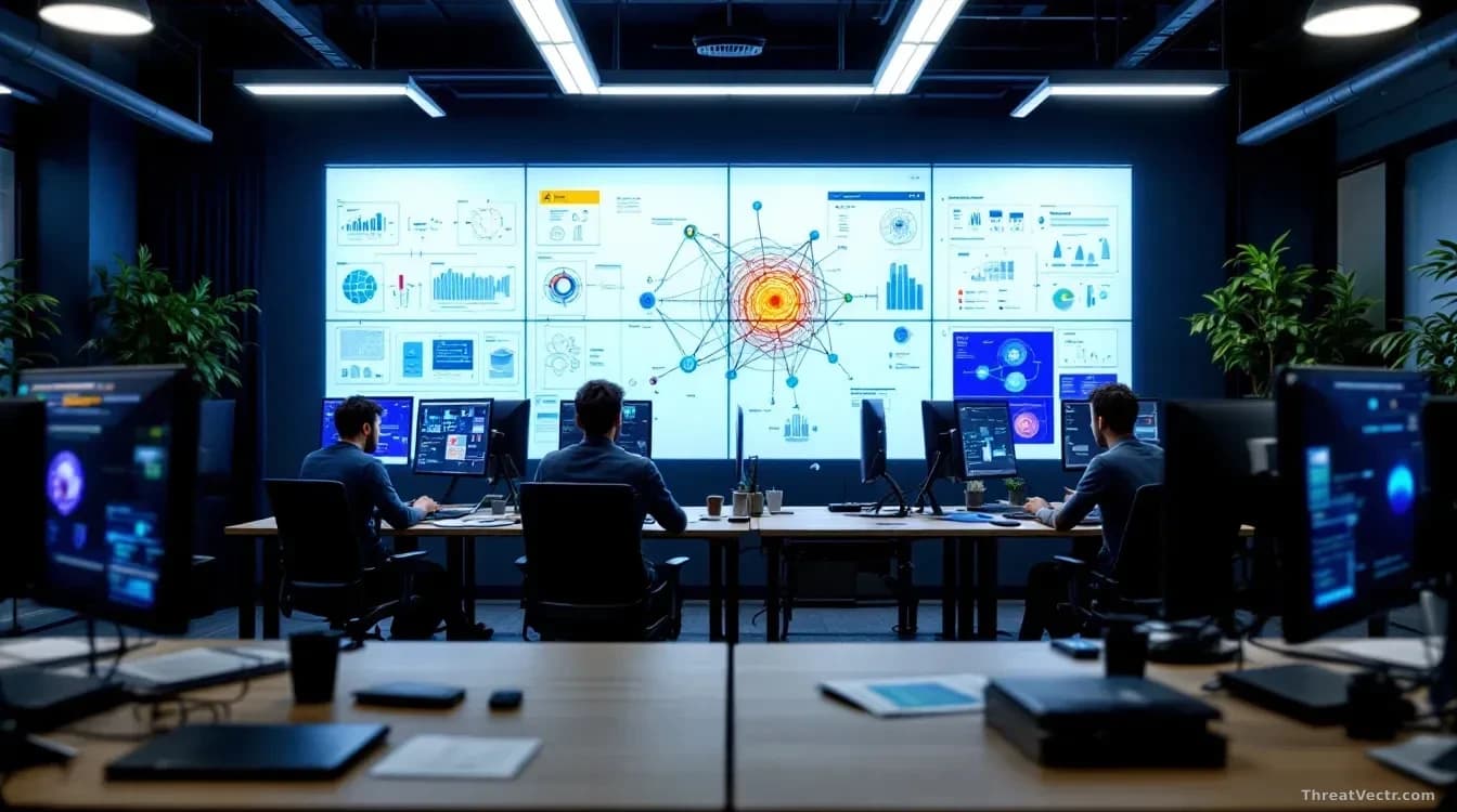 A tech company office with developers working at desks surrounded by whiteboards filled with AI model diagrams and test scenarios, with screens showing neural n