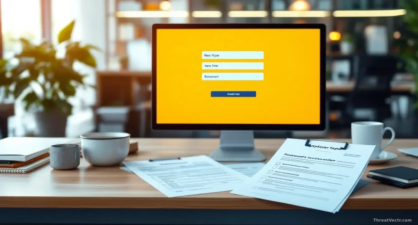 A corporate HR office setup with an employee onboarding desk displaying new hire forms and identity verification documents, with a computer screen showing a pas