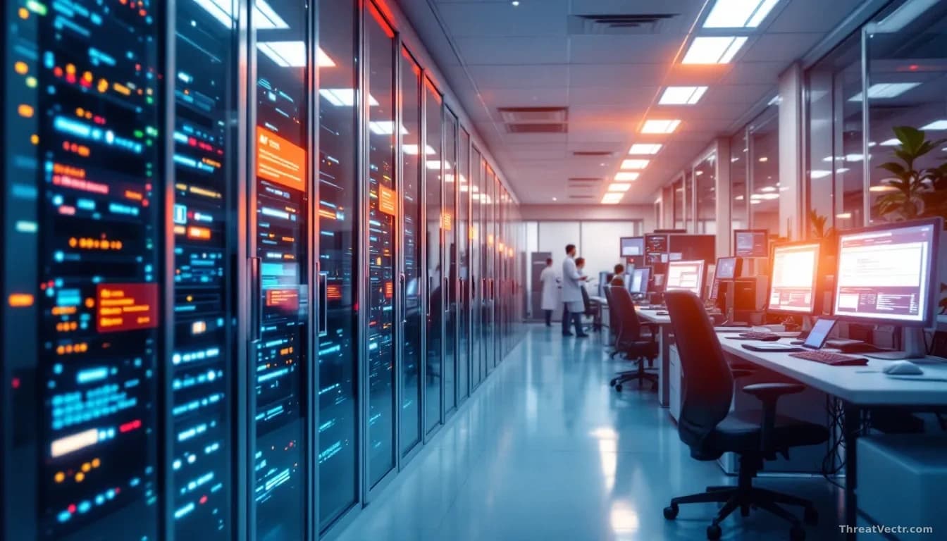 A hospital corridor with computer servers and networking equipment visible through glass walls, with several workstations showing alert notifications on their s