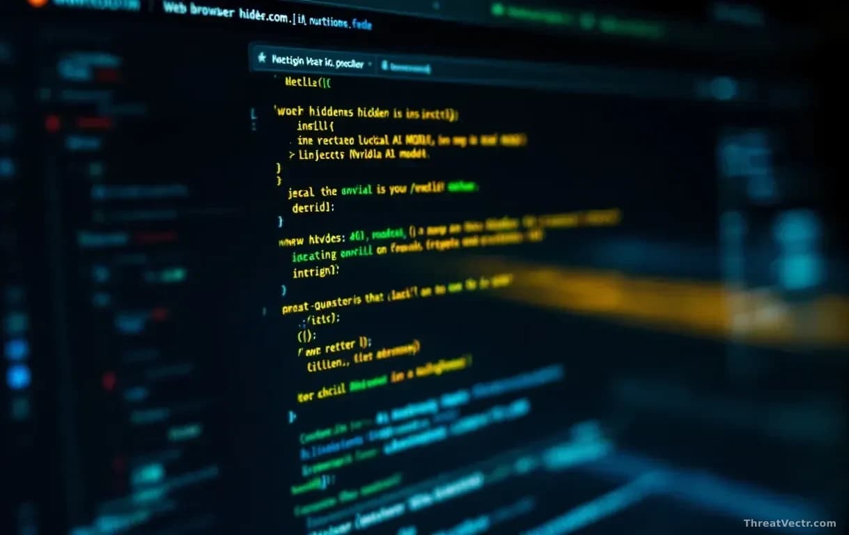 A web browser loading a webpage with a malicious hidden instruction being silently injected into a local NVIDIA AI model interface running in the background tas