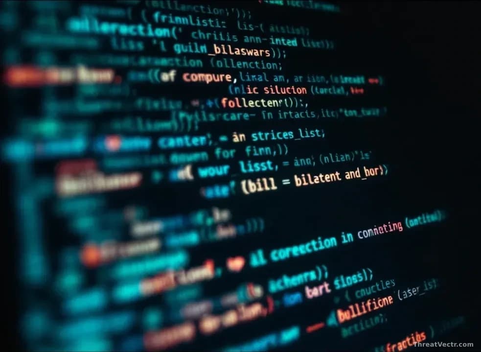 A text editor displaying seemingly innocent English word lists and passages, with hidden malware code visualized as faint glitching text beneath the surface, su